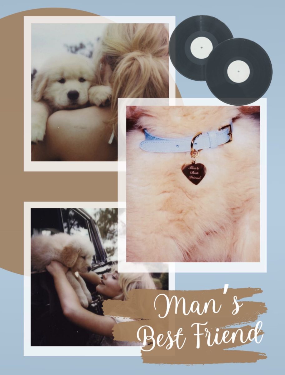 Poster featuring photos from a photoshoot for Sabrina Carpenter’s newest album, “Man’s Best Friend.” Sabrina poses with a dog, feeding into the saying that dogs are man’s best friend.