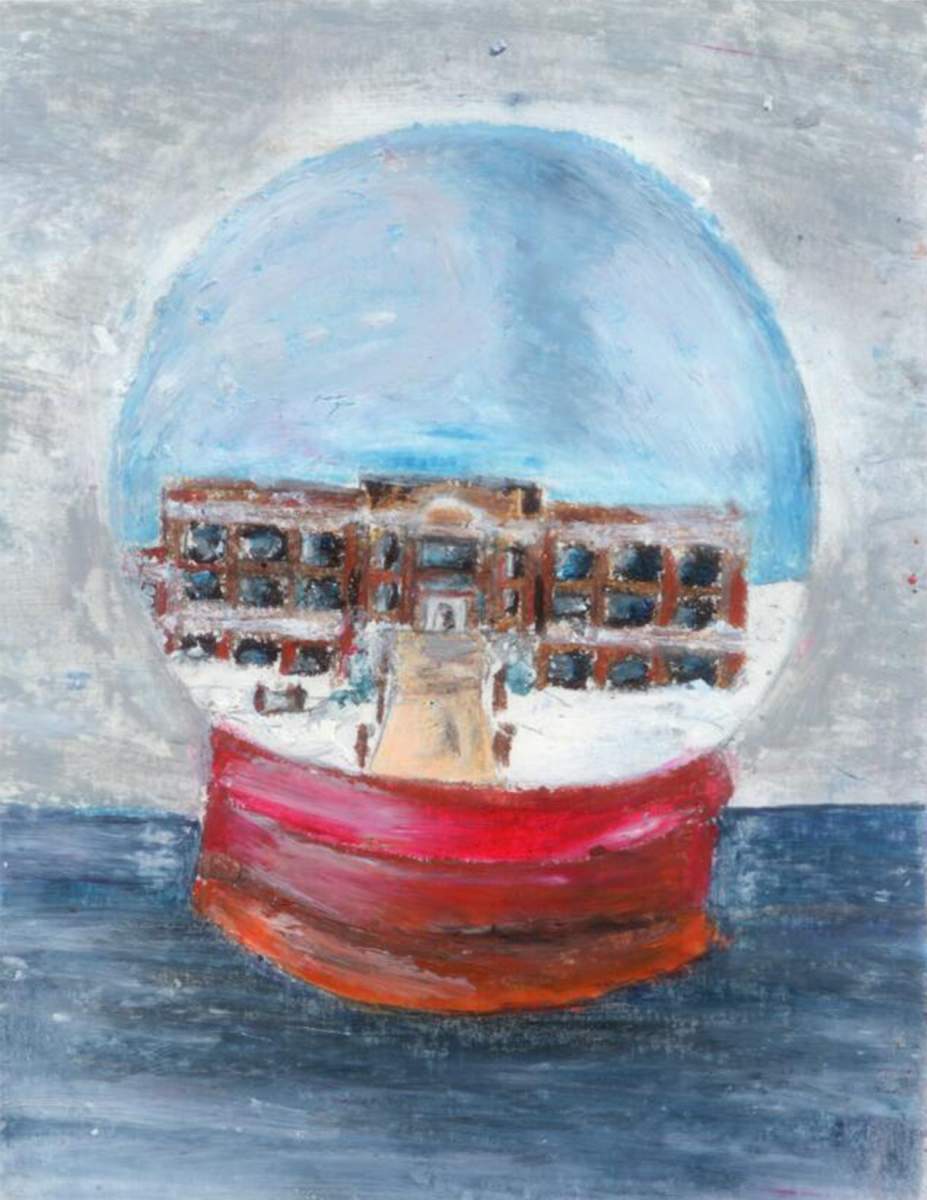 A picture of Reese Purcell’s winning design. A snow globe with the school inside it, made with pastels. 