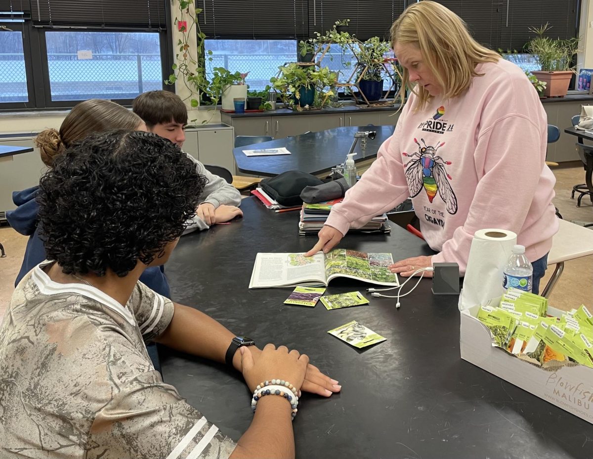 DUG-DEEP. Chemistry Teacher Jessica Overocker shows Earth Club members ideas for flowers to plant in the courtyard. The Earth Club has been trying to figure out what to do with seeds that were gifted to them by IVCC. “Being able to grow plants from seeds is a life skill. It’s just so much cheaper to spend $2.99 on a packet of lettuce seeds than $2.99 on one head of lettuce,” Overocker said. 