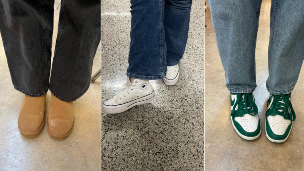 Three shoes, three different personalities. Seniors Madeline Samolitis, Natallia Schillo, and Delainey Brandow strike a pose, showcasing their shoes for the day.
