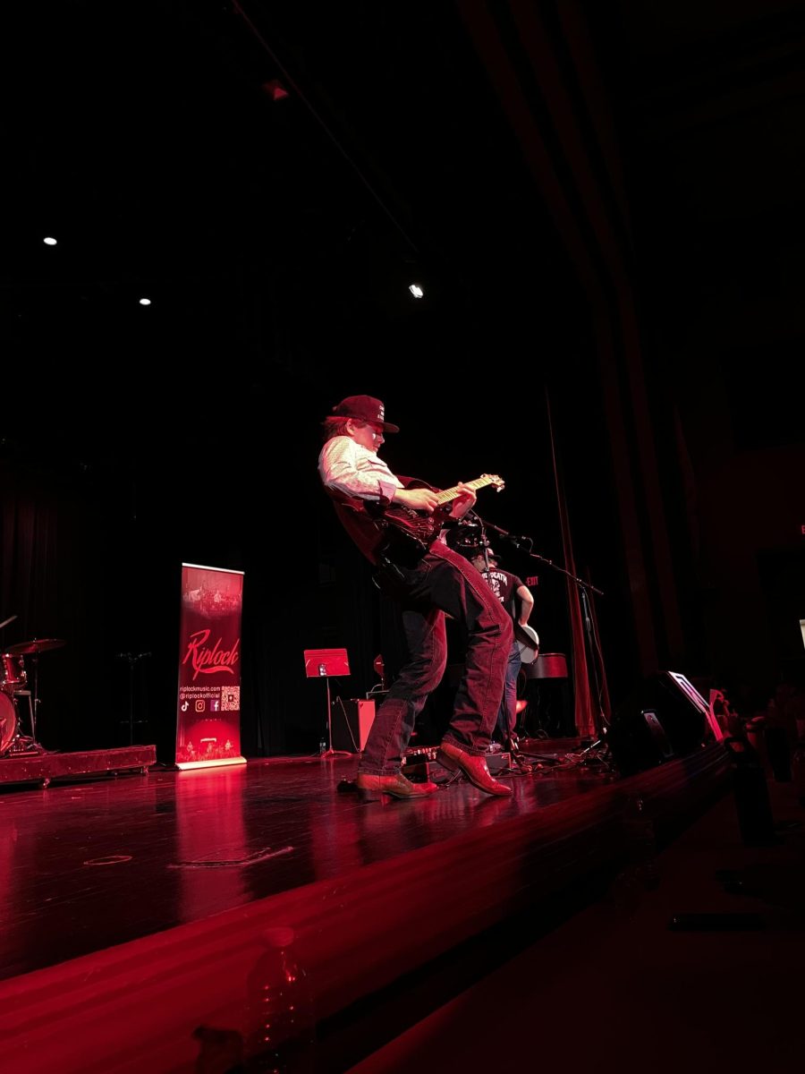 Lead singer and Guitarist Matt Ripsch playing a solo on guitar as the crow cheers him on.